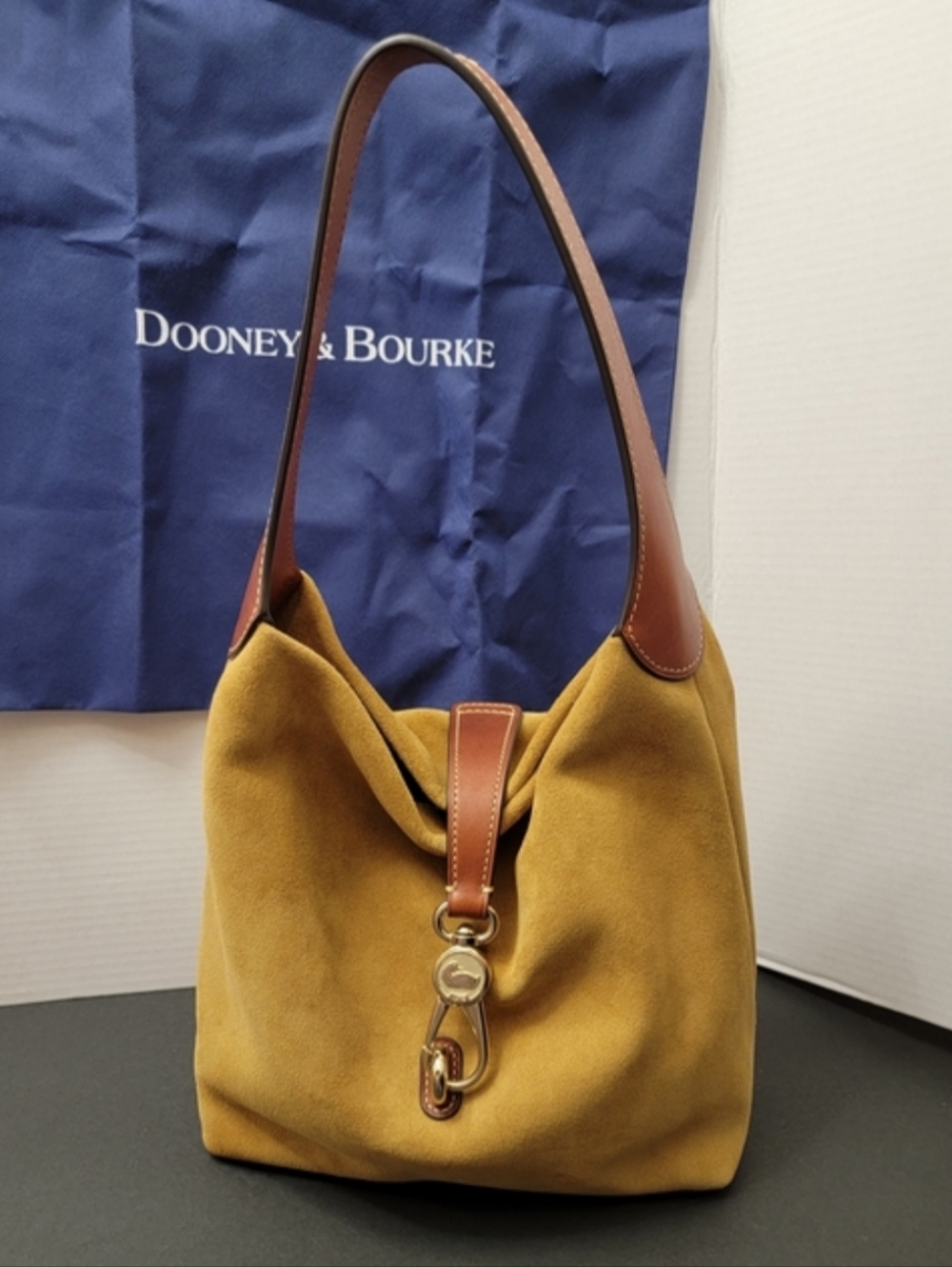 VTG Dooney & Bourke Small Logo Lock Suede Shoulder Bag with Brown Leather Trim